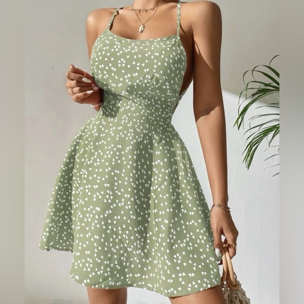 SHEIN petite Sage Green Spaghetti Strap Mini Dress with White Heart Print Size S